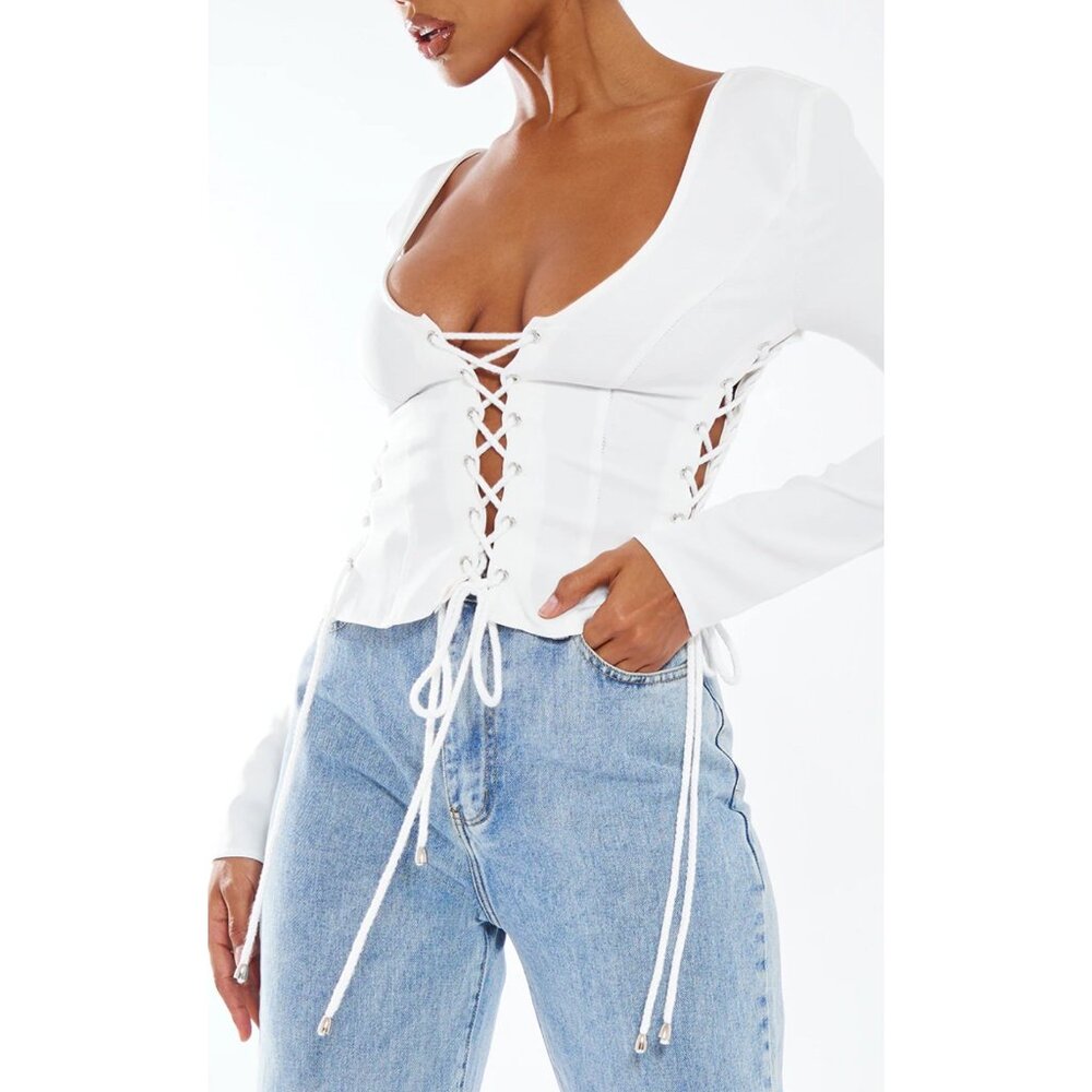 PLT WOMENS TOP SIZE 2 CREAM WOVEN LACE UP PLUNGE DETAIL LONG SLEEVE SEXY TOP NWT